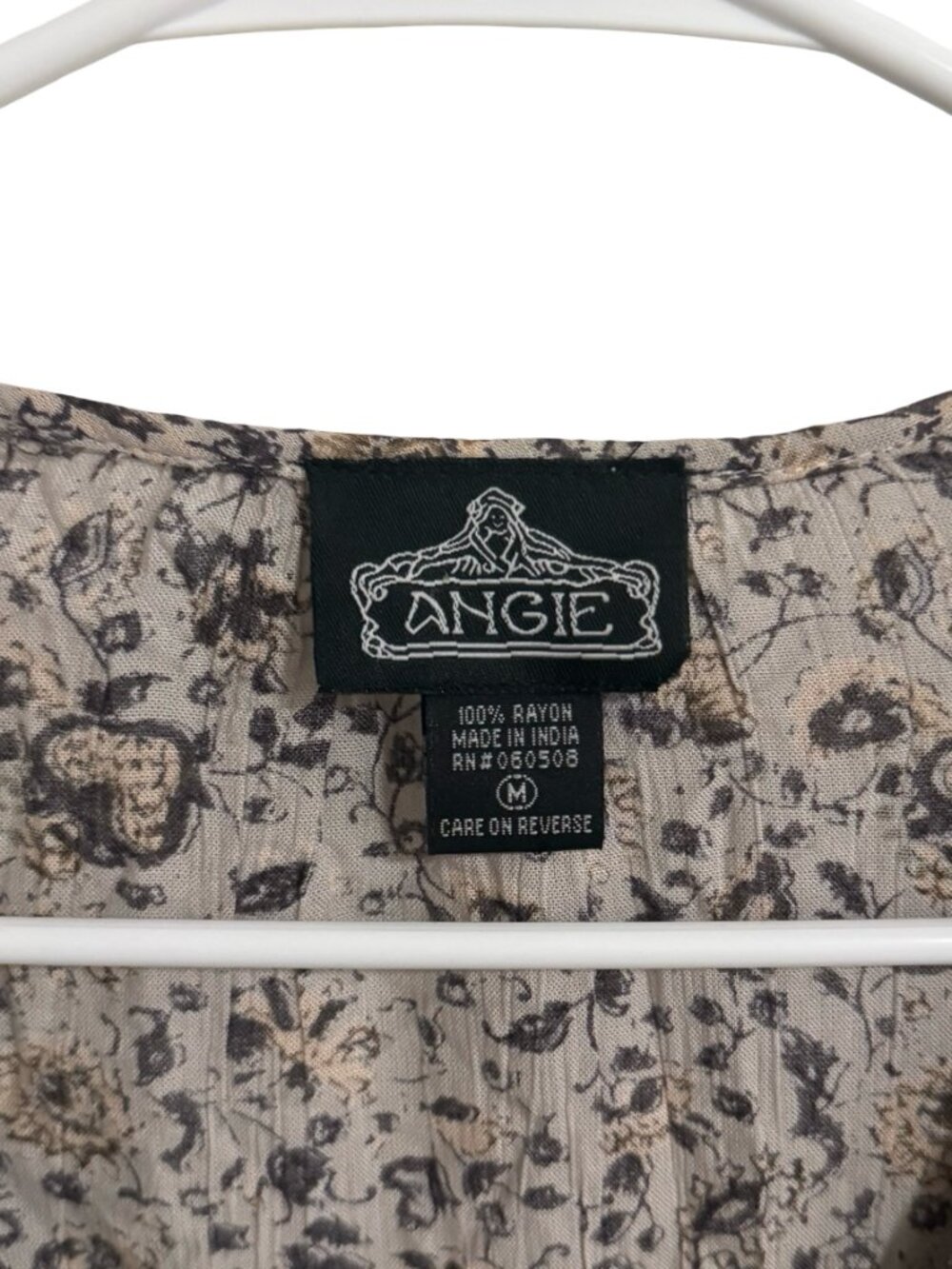 Angie Tunic Top Medium Beige Floral Crinkle Rayon Boho Tassel Cottagecore Flowy - Picture 4 of 6